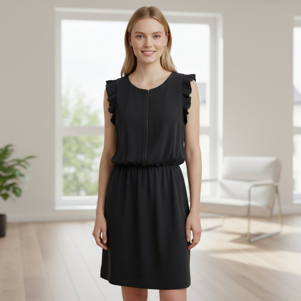 SANDRO Black Viscose Crepe Exposed Zipper Flutter Sleeve Dress Size 2